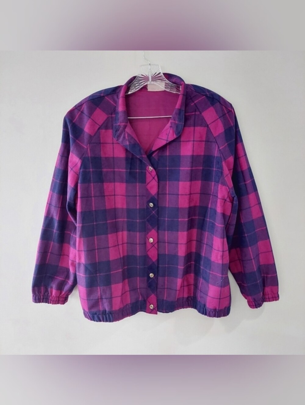 Tan Jay Vintage Flannel Bomber Jacket Large Fuschia Purple Plaid Button Front
